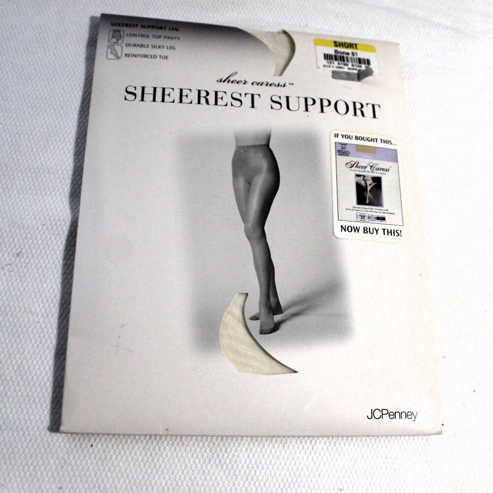 NWT JCPenney Sheer Caress Sheerest Support Control Top Pantyhose, BONE, Short
